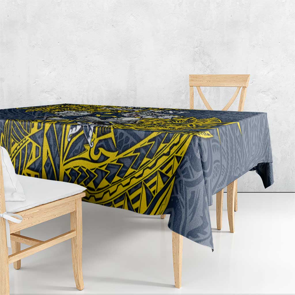 Personalised North Queensland Cowboys Tablecloth Polynesian Tribal Pattern With Rugby Bull Mascot Art