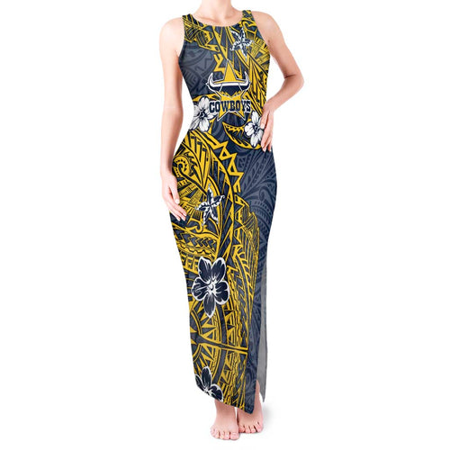 Personalised North Queensland Cowboys Tank Maxi Dress Polynesian Tribal Pattern With Rugby Bull Mascot Art