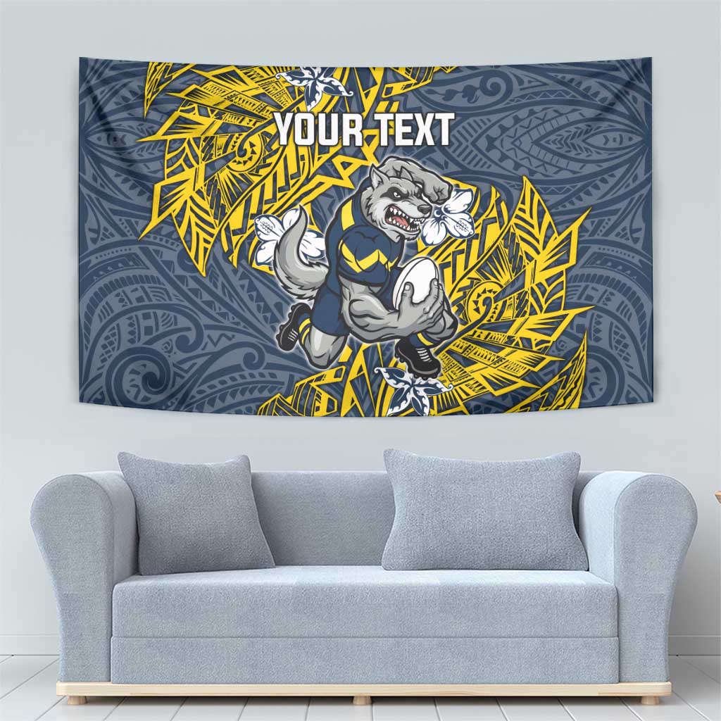Personalised North Queensland Cowboys Tapestry Polynesian Tribal Pattern With Rugby Bull Mascot Art