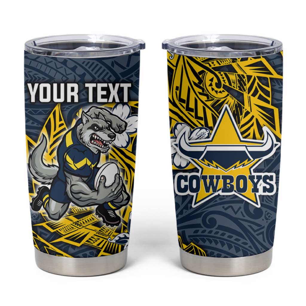 Personalised North Queensland Cowboys Tumbler Cup Polynesian Tribal Pattern With Rugby Bull Mascot Art