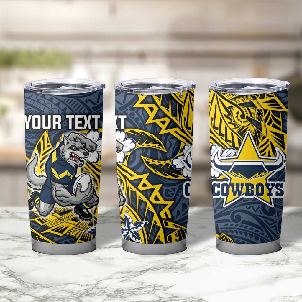 Personalised North Queensland Cowboys Tumbler Cup Polynesian Tribal Pattern With Rugby Bull Mascot Art