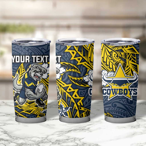 Personalised North Queensland Cowboys Tumbler Cup Polynesian Tribal Pattern With Rugby Bull Mascot Art