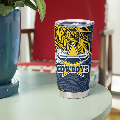 Personalised North Queensland Cowboys Tumbler Cup Polynesian Tribal Pattern With Rugby Bull Mascot Art