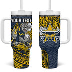 Personalised North Queensland Cowboys Tumbler With Handle Polynesian Tribal Pattern With Rugby Bull Mascot Art