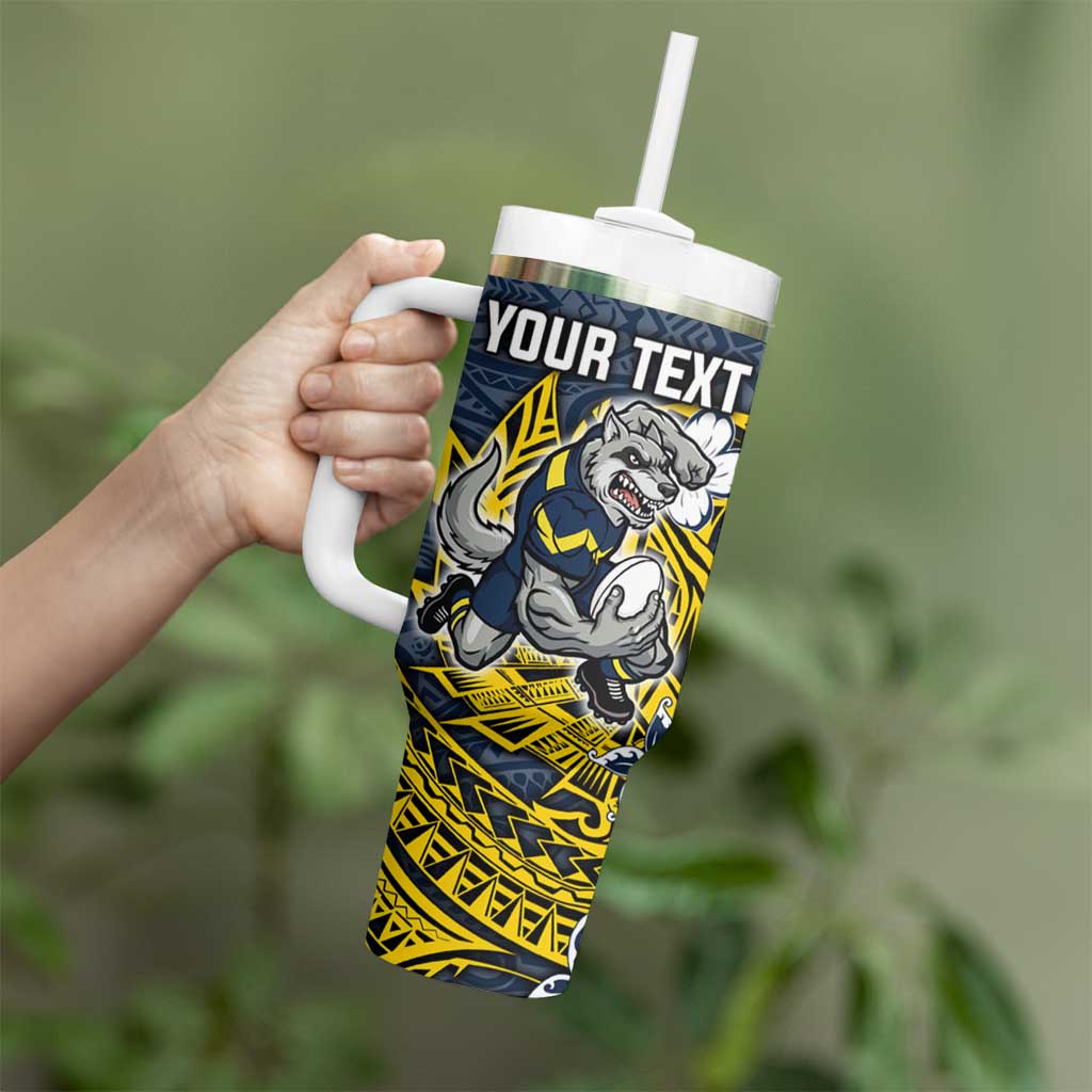 Personalised North Queensland Cowboys Tumbler With Handle Polynesian Tribal Pattern With Rugby Bull Mascot Art