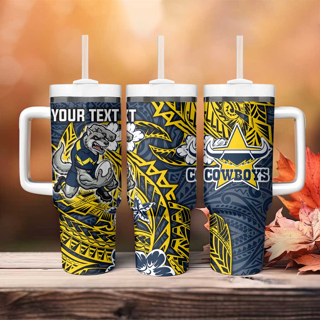 Personalised North Queensland Cowboys Tumbler With Handle Polynesian Tribal Pattern With Rugby Bull Mascot Art