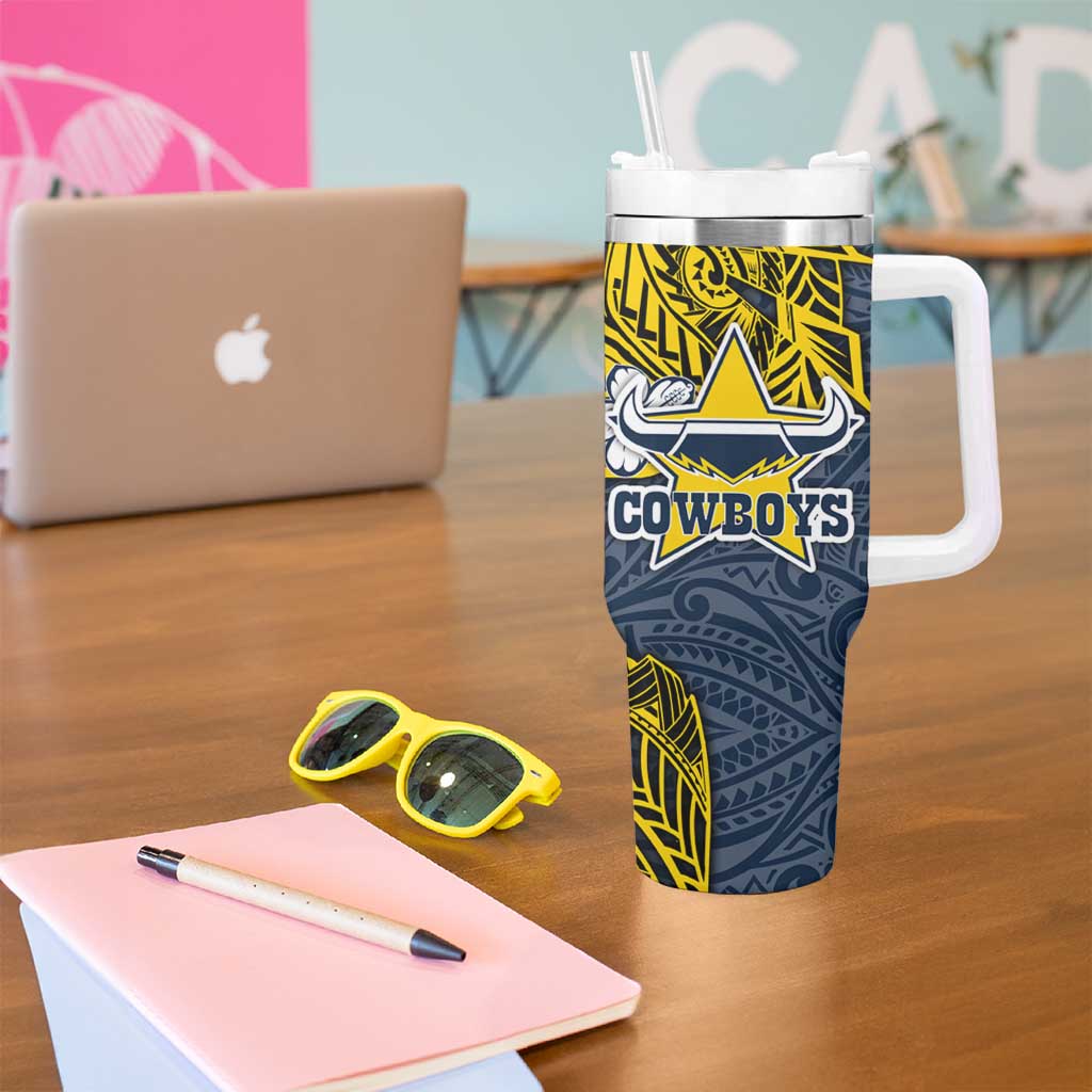 Personalised North Queensland Cowboys Tumbler With Handle Polynesian Tribal Pattern With Rugby Bull Mascot Art