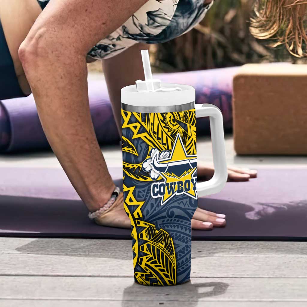 Personalised North Queensland Cowboys Tumbler With Handle Polynesian Tribal Pattern With Rugby Bull Mascot Art