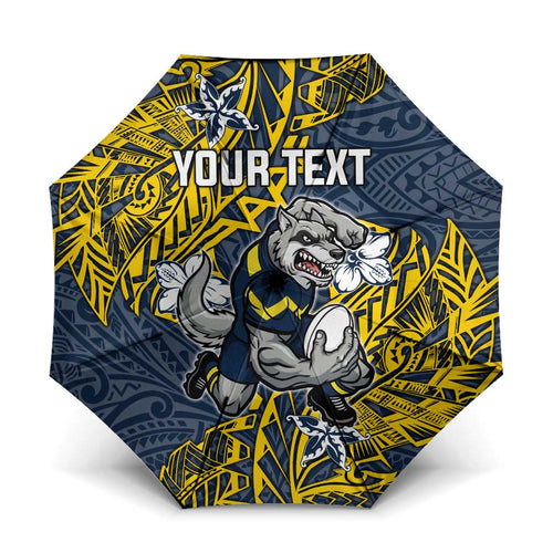 Personalised North Queensland Cowboys Umbrella Polynesian Tribal Pattern With Rugby Bull Mascot Art