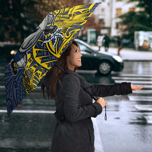 Personalised North Queensland Cowboys Umbrella Polynesian Tribal Pattern With Rugby Bull Mascot Art