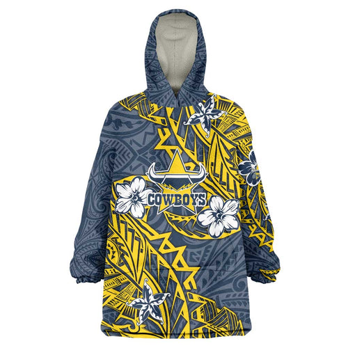 Personalised North Queensland Cowboys Wearable Blanket Hoodie Polynesian Tribal Pattern With Rugby Bull Mascot Art