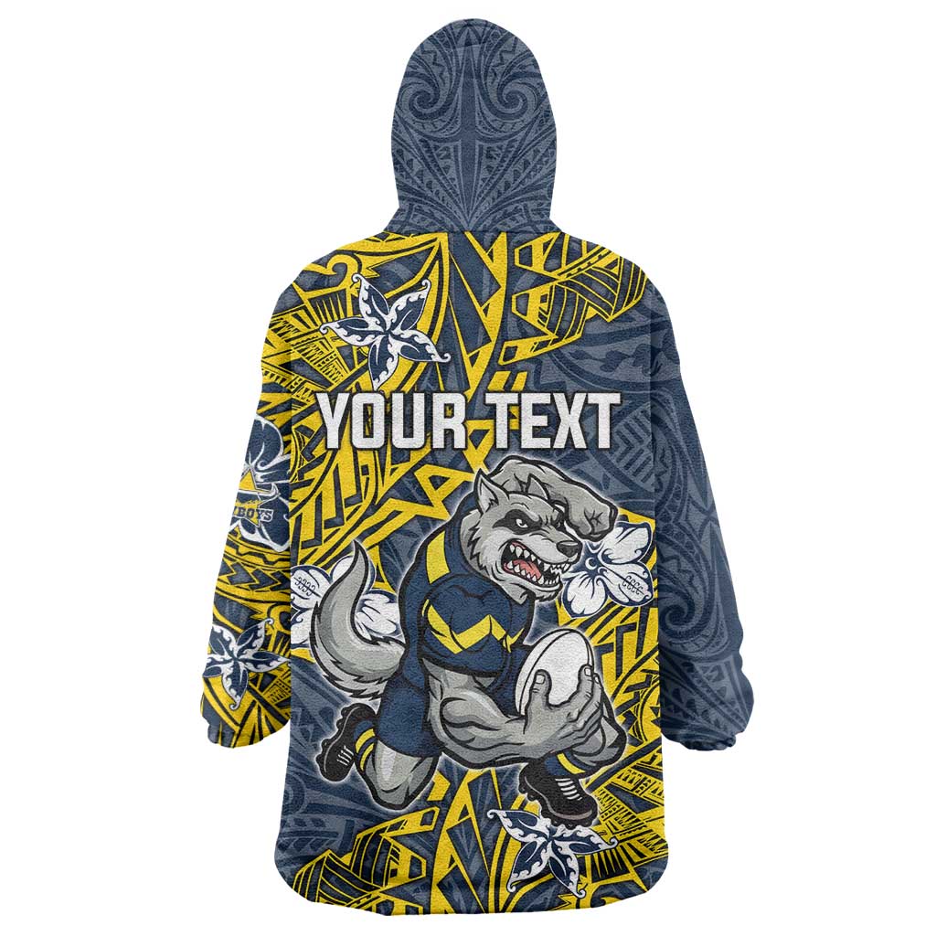Personalised North Queensland Cowboys Wearable Blanket Hoodie Polynesian Tribal Pattern With Rugby Bull Mascot Art