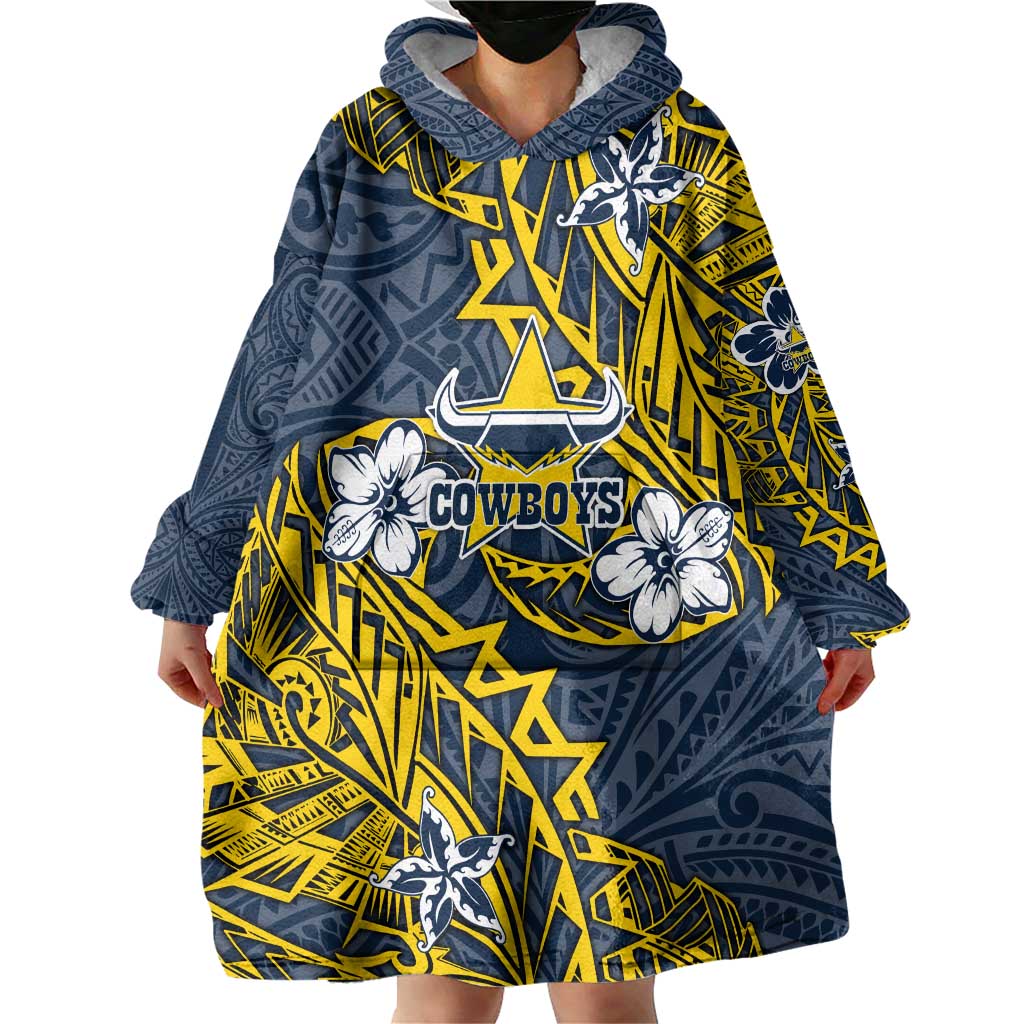 Personalised North Queensland Cowboys Wearable Blanket Hoodie Polynesian Tribal Pattern With Rugby Bull Mascot Art