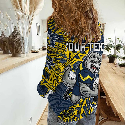 Personalised North Queensland Cowboys Women Casual Shirt Polynesian Tribal Pattern With Rugby Bull Mascot Art