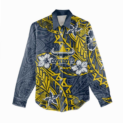 Personalised North Queensland Cowboys Women Casual Shirt Polynesian Tribal Pattern With Rugby Bull Mascot Art
