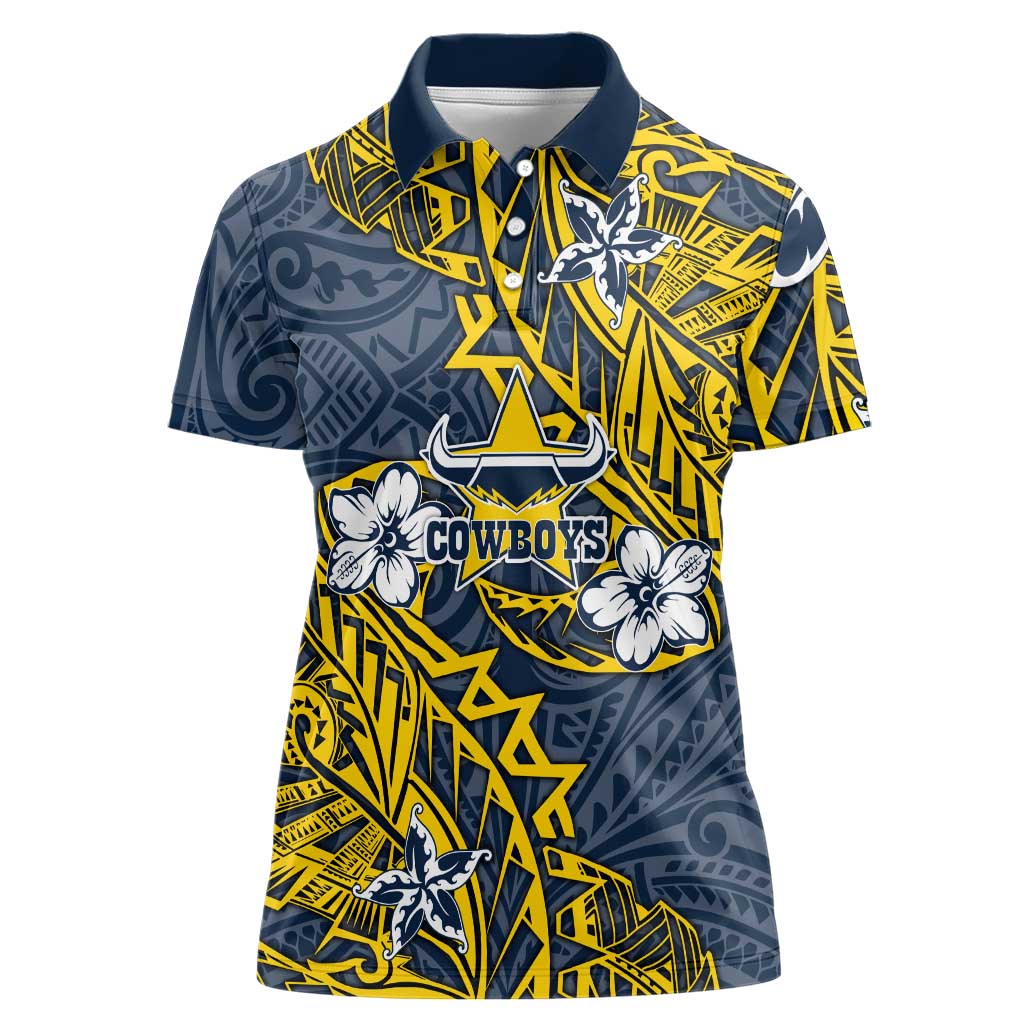 Personalised North Queensland Cowboys Women Polo Shirt Polynesian Tribal Pattern With Rugby Bull Mascot Art