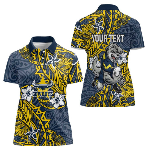 Personalised North Queensland Cowboys Women Polo Shirt Polynesian Tribal Pattern With Rugby Bull Mascot Art