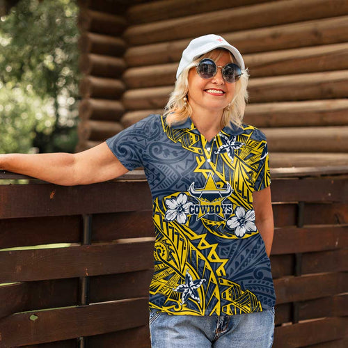 Personalised North Queensland Cowboys Women Polo Shirt Polynesian Tribal Pattern With Rugby Bull Mascot Art