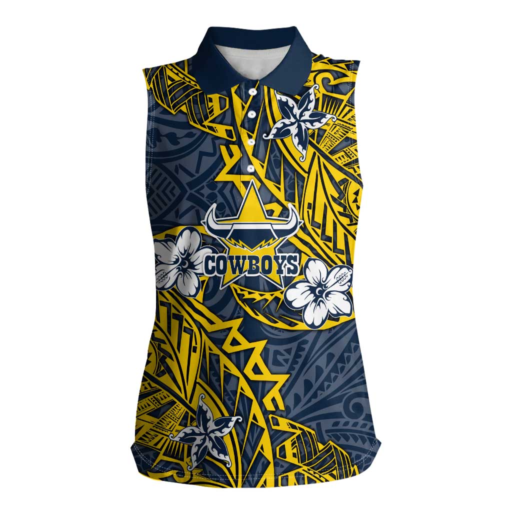 Personalised North Queensland Cowboys Women Sleeveless Polo Shirt Polynesian Tribal Pattern With Rugby Bull Mascot Art