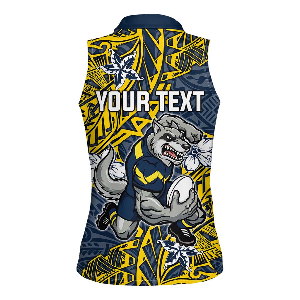 Personalised North Queensland Cowboys Women Sleeveless Polo Shirt Polynesian Tribal Pattern With Rugby Bull Mascot Art