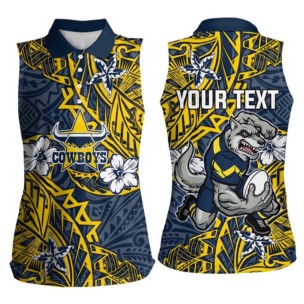 Personalised North Queensland Cowboys Women Sleeveless Polo Shirt Polynesian Tribal Pattern With Rugby Bull Mascot Art