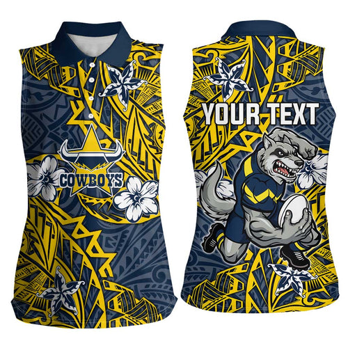 Personalised North Queensland Cowboys Women Sleeveless Polo Shirt Polynesian Tribal Pattern With Rugby Bull Mascot Art