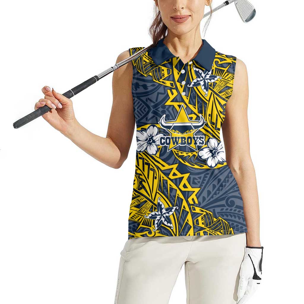 Personalised North Queensland Cowboys Women Sleeveless Polo Shirt Polynesian Tribal Pattern With Rugby Bull Mascot Art