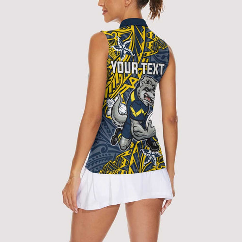 Personalised North Queensland Cowboys Women Sleeveless Polo Shirt Polynesian Tribal Pattern With Rugby Bull Mascot Art