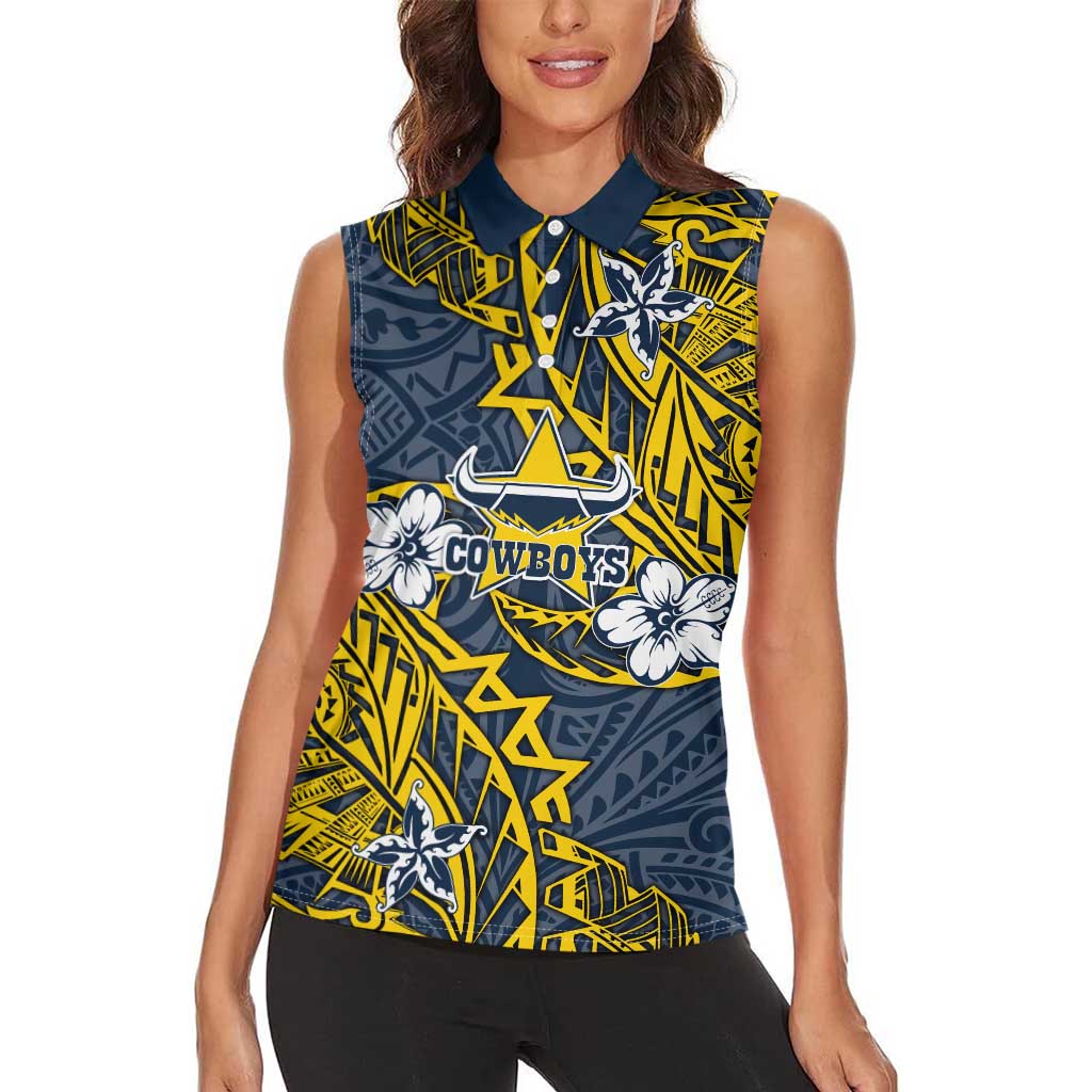 Personalised North Queensland Cowboys Women Sleeveless Polo Shirt Polynesian Tribal Pattern With Rugby Bull Mascot Art
