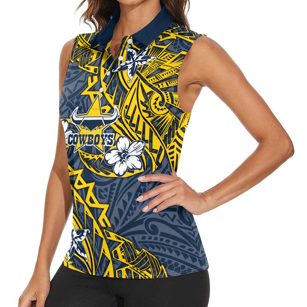 Personalised North Queensland Cowboys Women Sleeveless Polo Shirt Polynesian Tribal Pattern With Rugby Bull Mascot Art