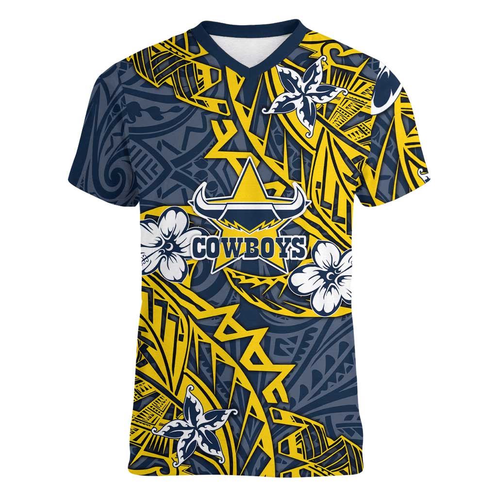 Personalised North Queensland Cowboys Women V-Neck T-Shirt Polynesian Tribal Pattern With Rugby Bull Mascot Art