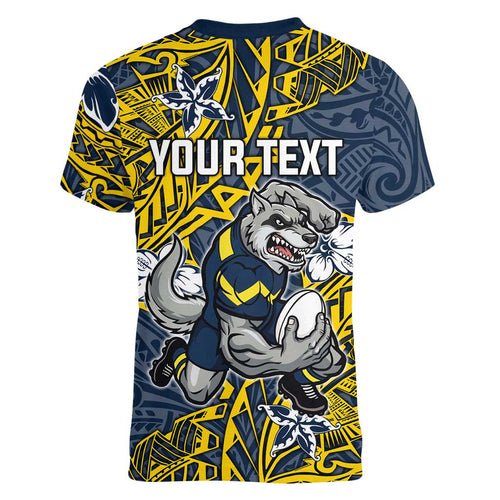 Personalised North Queensland Cowboys Women V-Neck T-Shirt Polynesian Tribal Pattern With Rugby Bull Mascot Art