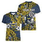Personalised North Queensland Cowboys Women V-Neck T-Shirt Polynesian Tribal Pattern With Rugby Bull Mascot Art