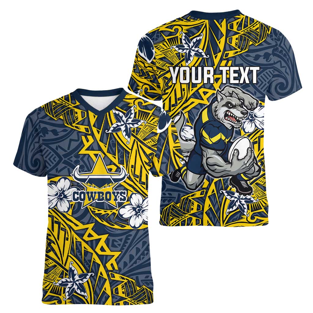 Personalised North Queensland Cowboys Women V-Neck T-Shirt Polynesian Tribal Pattern With Rugby Bull Mascot Art