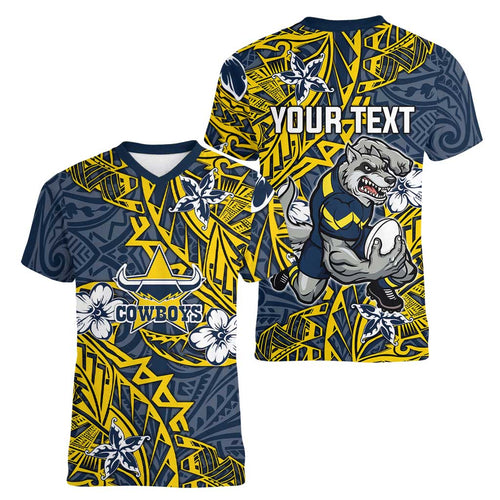 Personalised North Queensland Cowboys Women V-Neck T-Shirt Polynesian Tribal Pattern With Rugby Bull Mascot Art