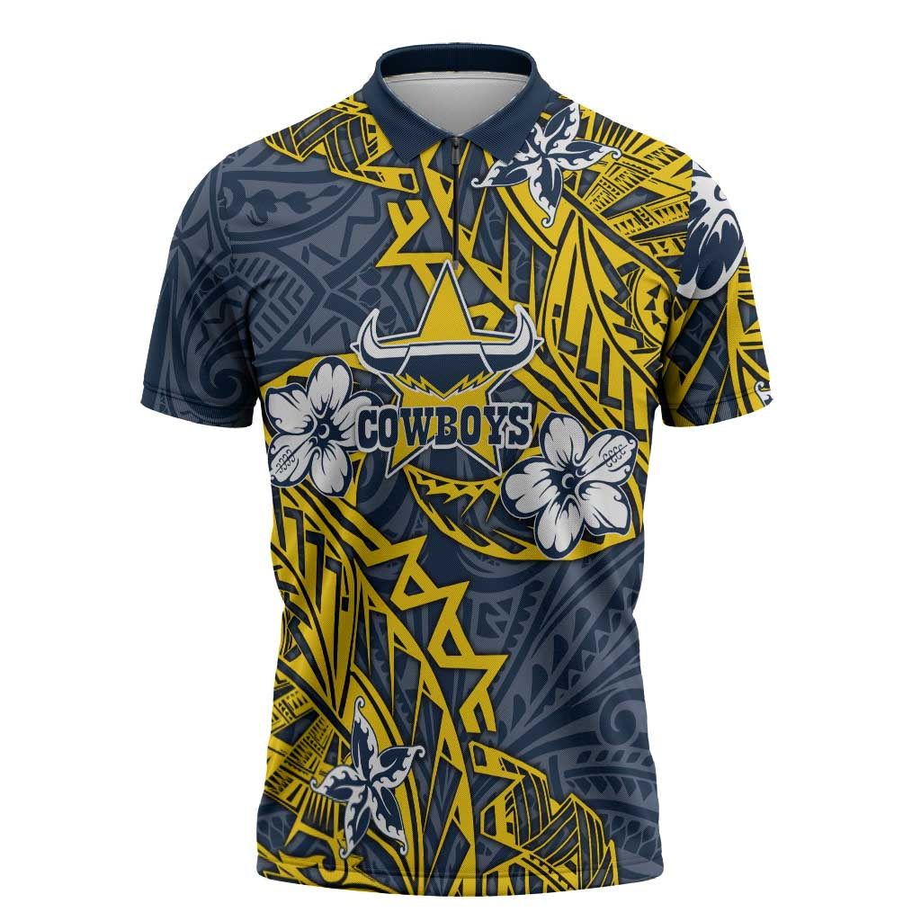 Personalised North Queensland Cowboys Zipper Polo Shirt Polynesian Tribal Pattern With Rugby Bull Mascot Art