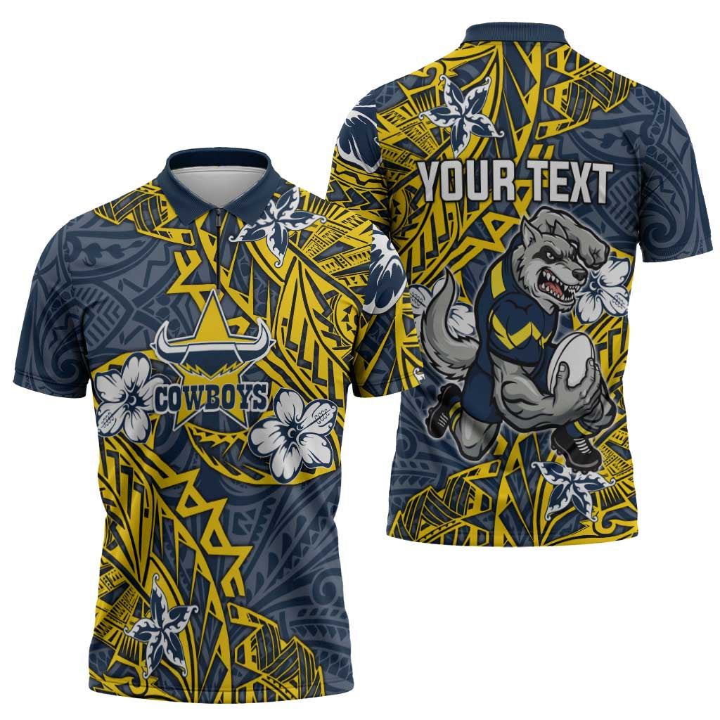 Personalised North Queensland Cowboys Zipper Polo Shirt Polynesian Tribal Pattern With Rugby Bull Mascot Art
