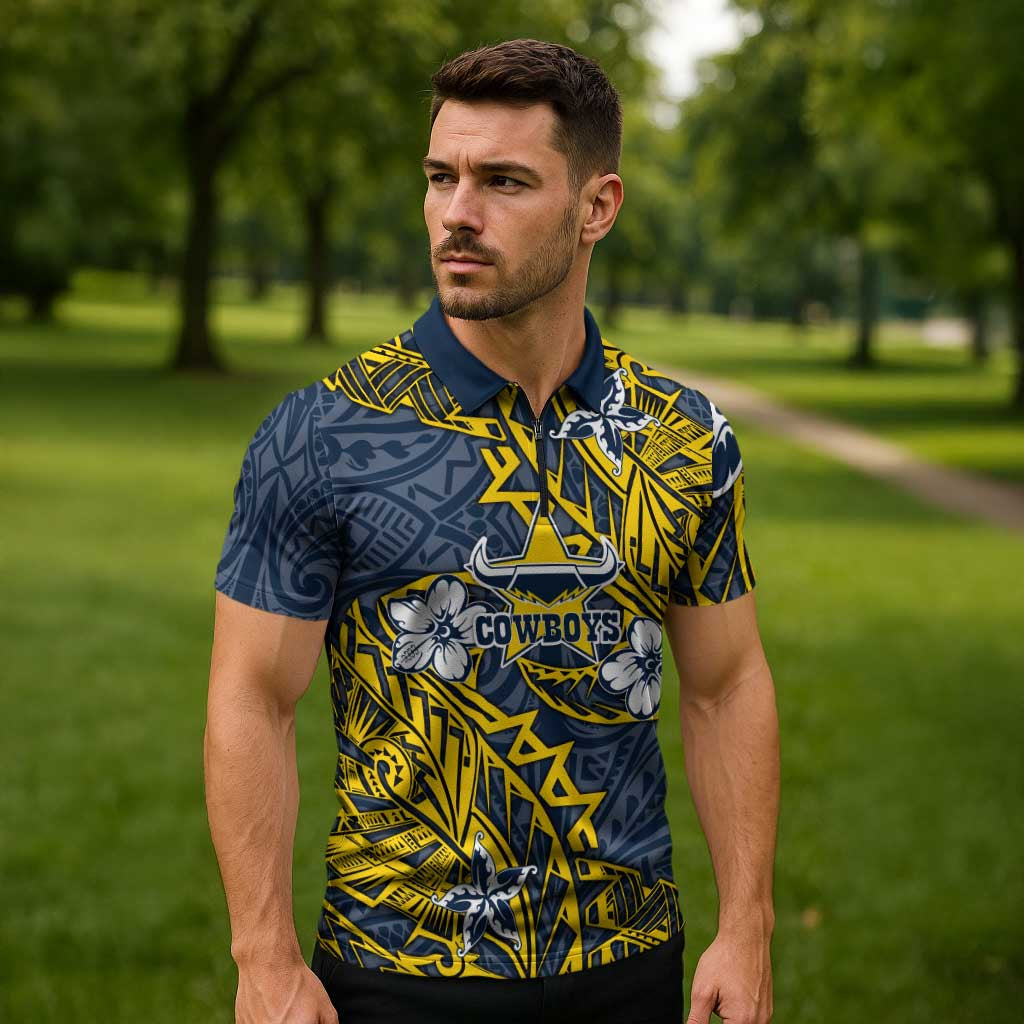 Personalised North Queensland Cowboys Zipper Polo Shirt Polynesian Tribal Pattern With Rugby Bull Mascot Art