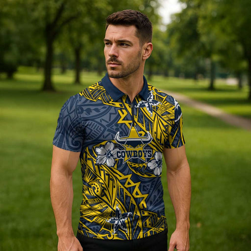 Personalised North Queensland Cowboys Zipper Polo Shirt Polynesian Tribal Pattern With Rugby Bull Mascot Art