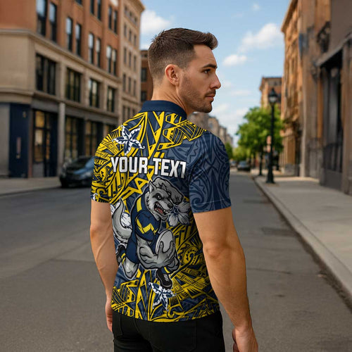 Personalised North Queensland Cowboys Zipper Polo Shirt Polynesian Tribal Pattern With Rugby Bull Mascot Art