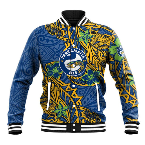 Personalised Parramatta Eels Baseball Jacket Polynesian Tribal Pattern With Rugby Eel Mascot Art