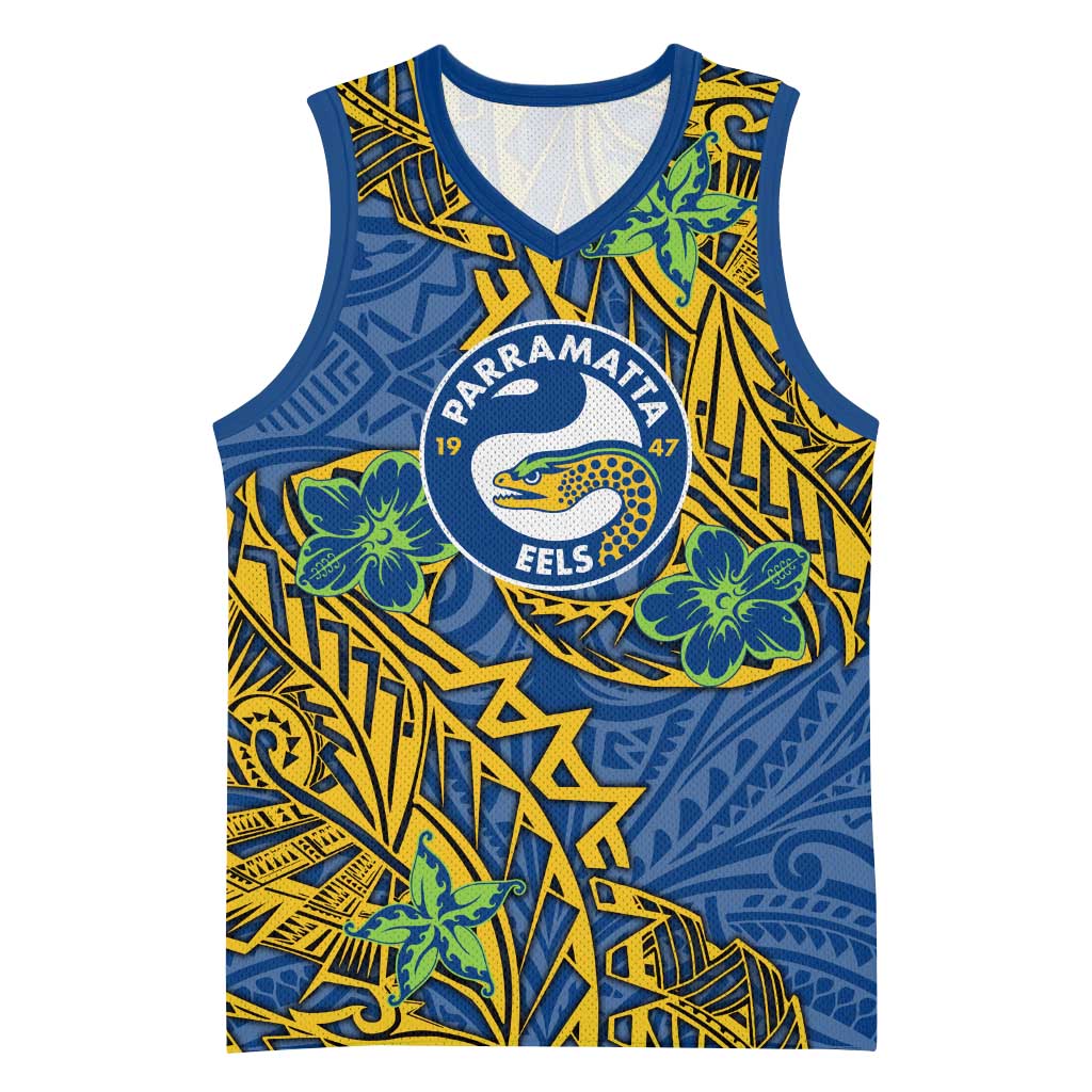 Personalised Parramatta Eels Basketball Jersey Polynesian Tribal Pattern With Rugby Eel Mascot Art