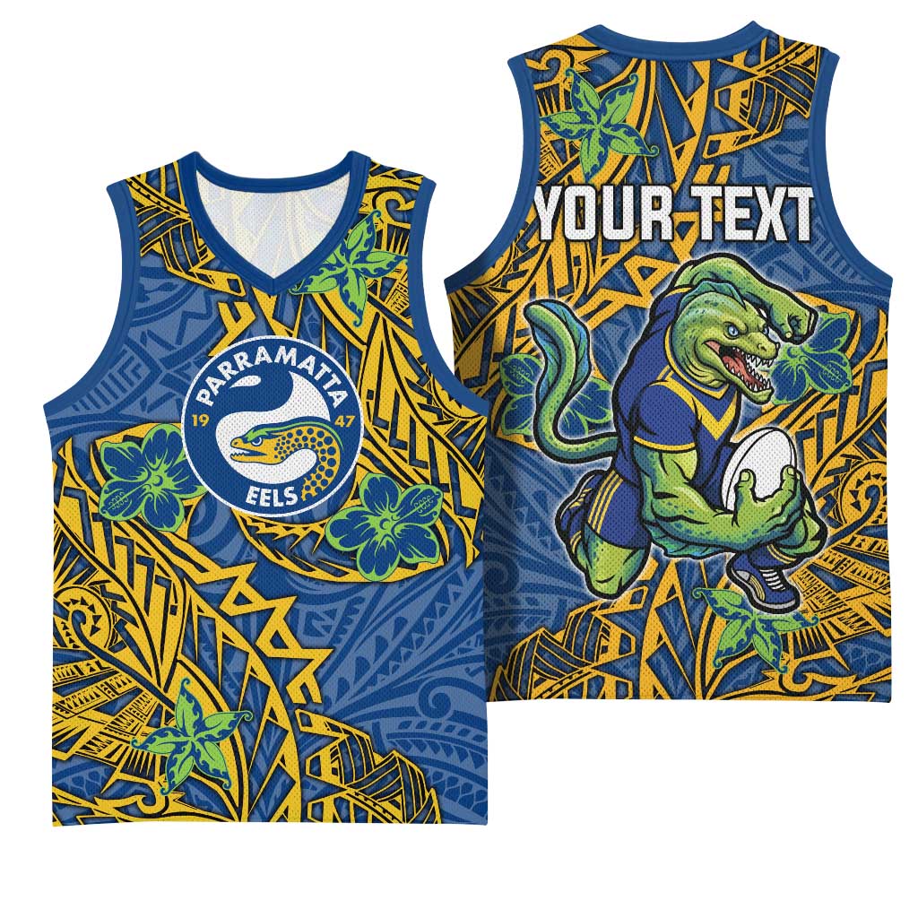Personalised Parramatta Eels Basketball Jersey Polynesian Tribal Pattern With Rugby Eel Mascot Art