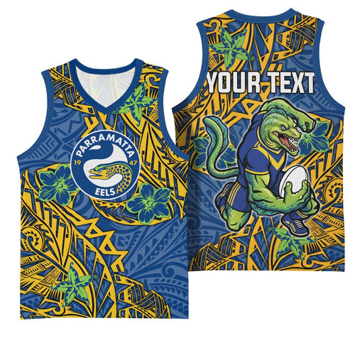 Personalised Parramatta Eels Basketball Jersey Polynesian Tribal Pattern With Rugby Eel Mascot Art