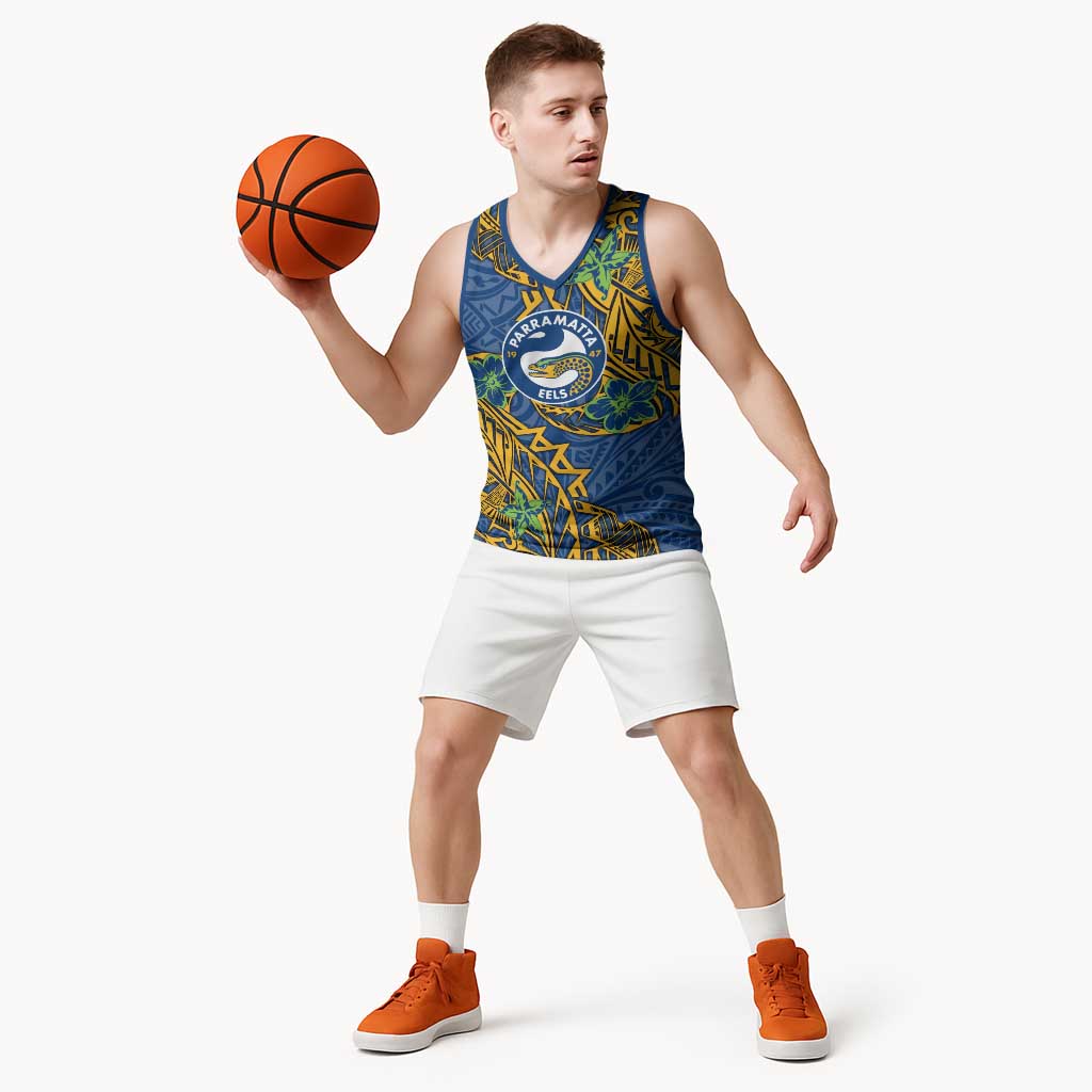 Personalised Parramatta Eels Basketball Jersey Polynesian Tribal Pattern With Rugby Eel Mascot Art