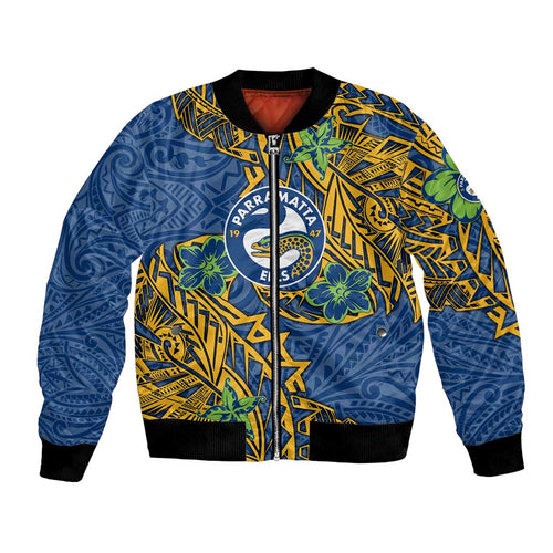 Personalised Parramatta Eels Bomber Jacket Polynesian Tribal Pattern With Rugby Eel Mascot Art