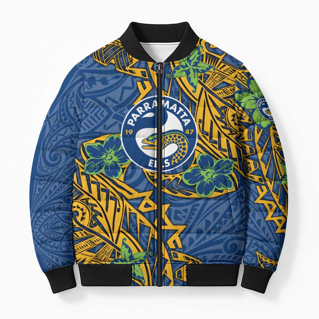 Personalised Parramatta Eels Bomber Puffer Jacket Polynesian Tribal Pattern With Rugby Eel Mascot Art