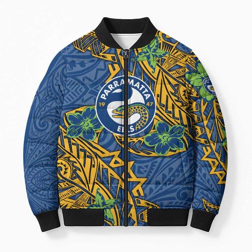 Personalised Parramatta Eels Bomber Puffer Jacket Polynesian Tribal Pattern With Rugby Eel Mascot Art