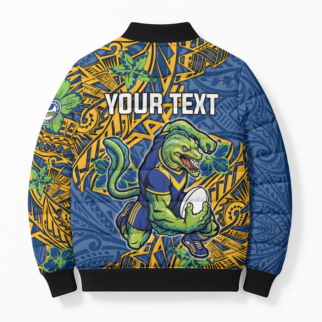 Personalised Parramatta Eels Bomber Puffer Jacket Polynesian Tribal Pattern With Rugby Eel Mascot Art