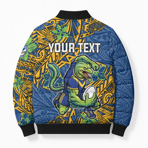 Personalised Parramatta Eels Bomber Puffer Jacket Polynesian Tribal Pattern With Rugby Eel Mascot Art